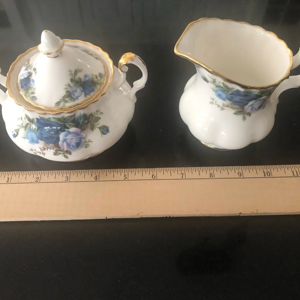 Royal Albert Moonlight Blue Bone China Sugar Bowl and Creamer Set with Gold Trim - Picture 8 of 11
